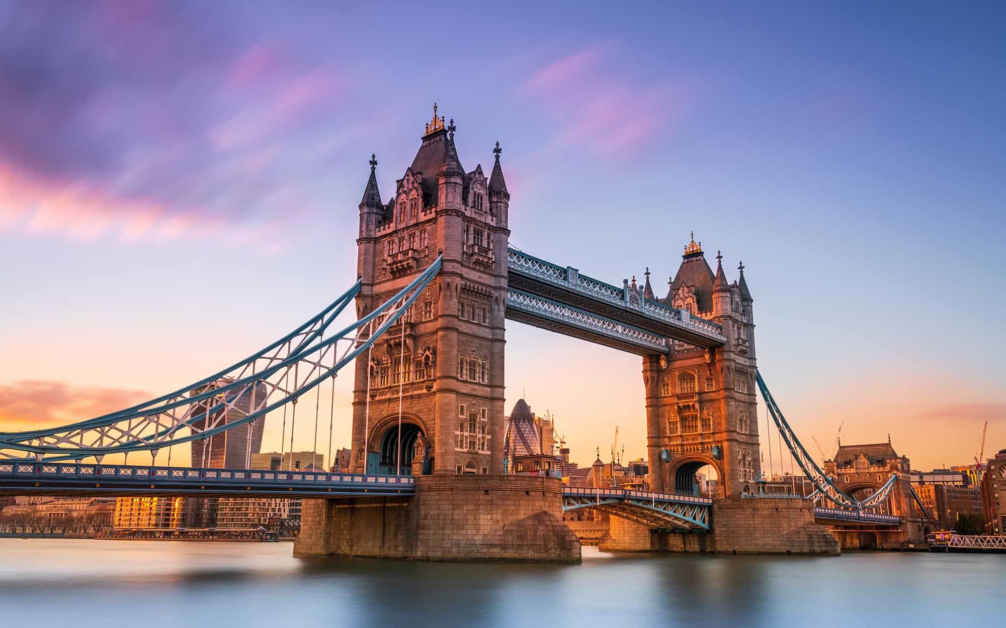 Side view of the tower bridge in London during sunset