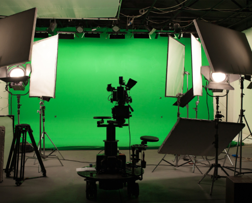 Shooting studio with professional equipment and green screen